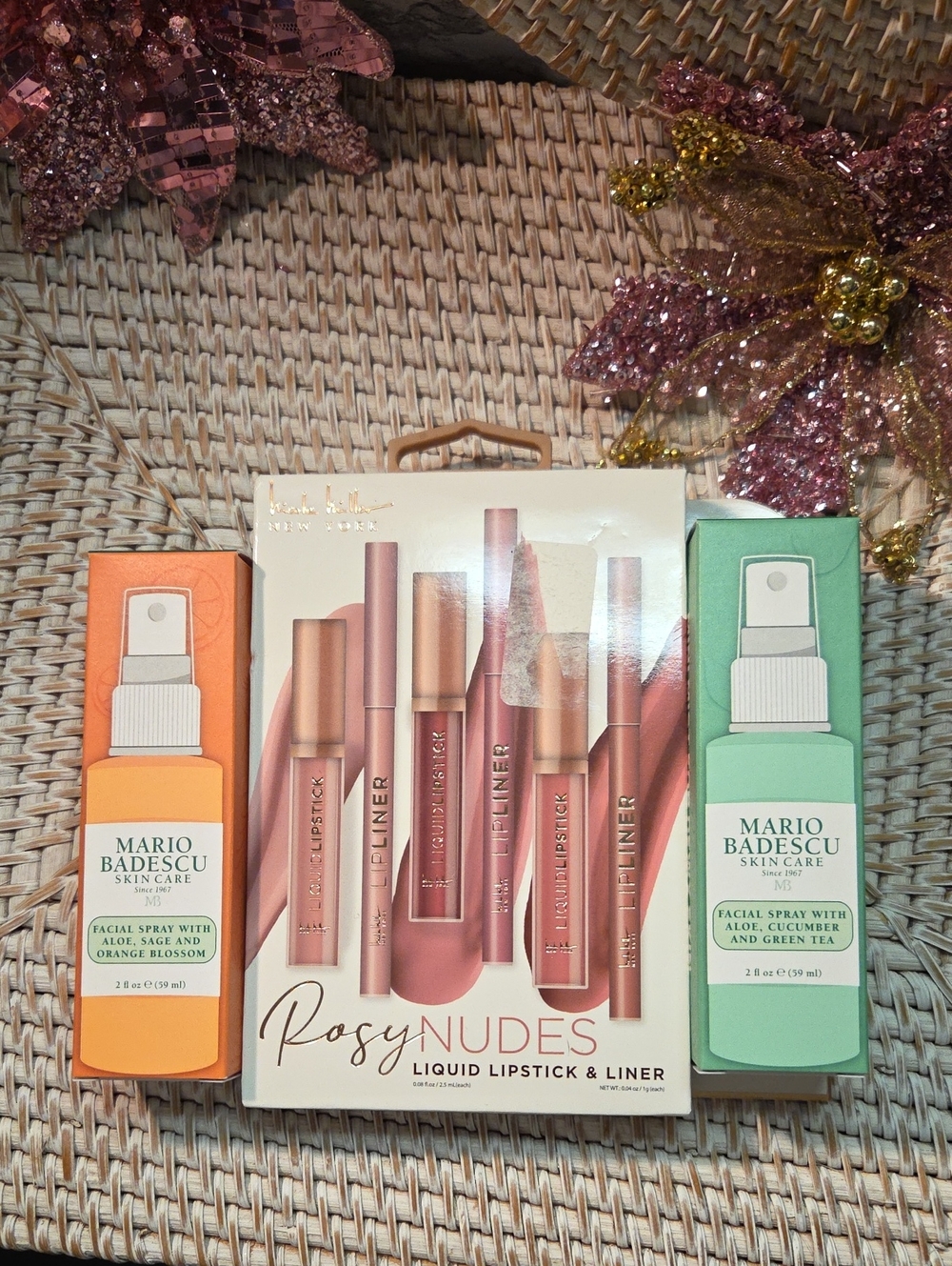 Mario Badescu Rosy Nudes Lipstick & Liner Set with Orange and Mint Spray Boxes